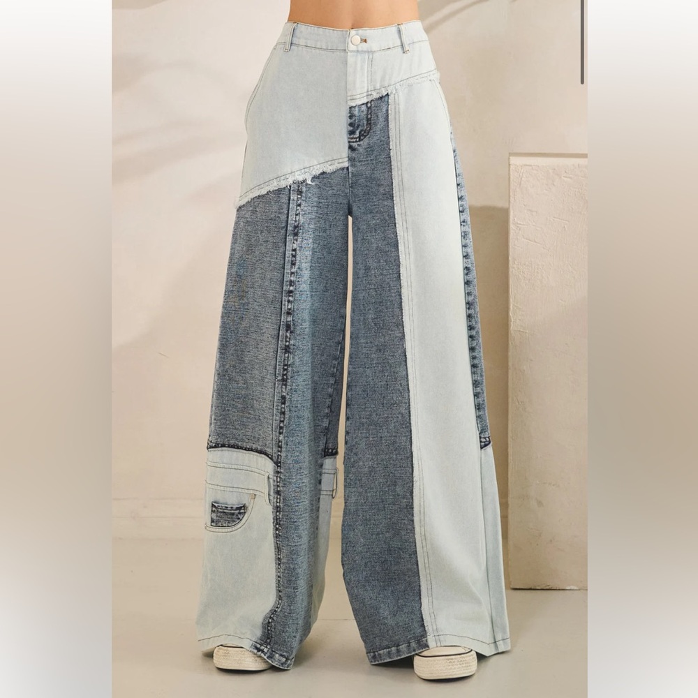 Oli & Hali Two-Tone Wide Leg Patchwork Jeans - Light Blue & Dark Blue